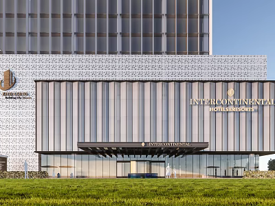 Modern Office Building InterContinental Hotel Residences With Glass Curtain Wall And Green Lawn 3d model