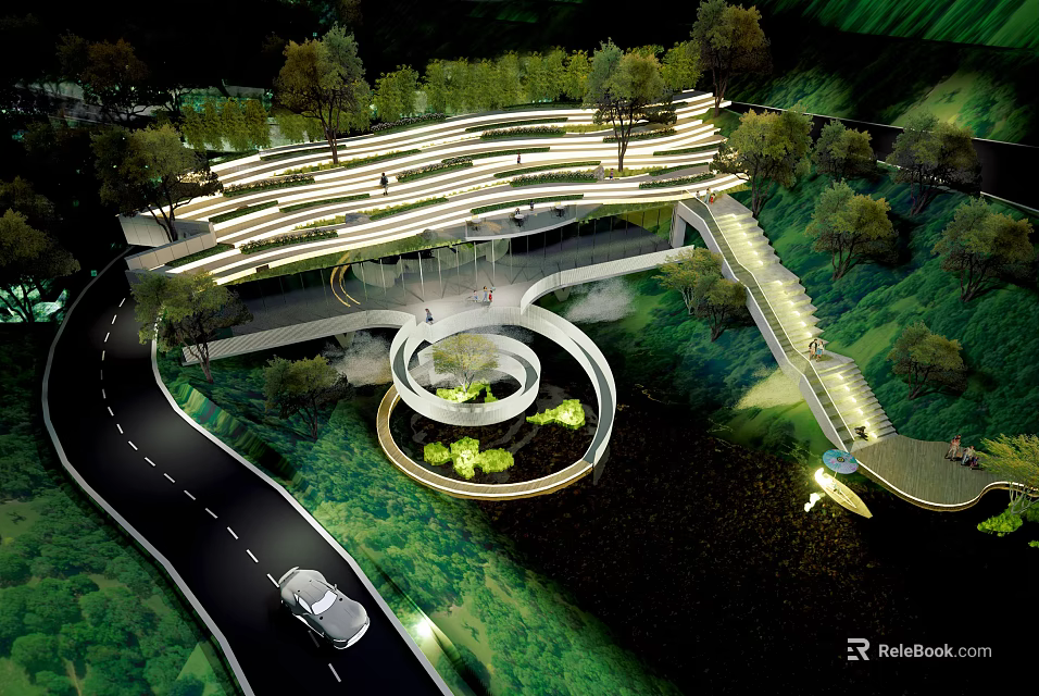 Waterfront Landscape With Winding Walkway Spiral Viewing Platform Lush Greenery And Illuminated Lighting 3d model 