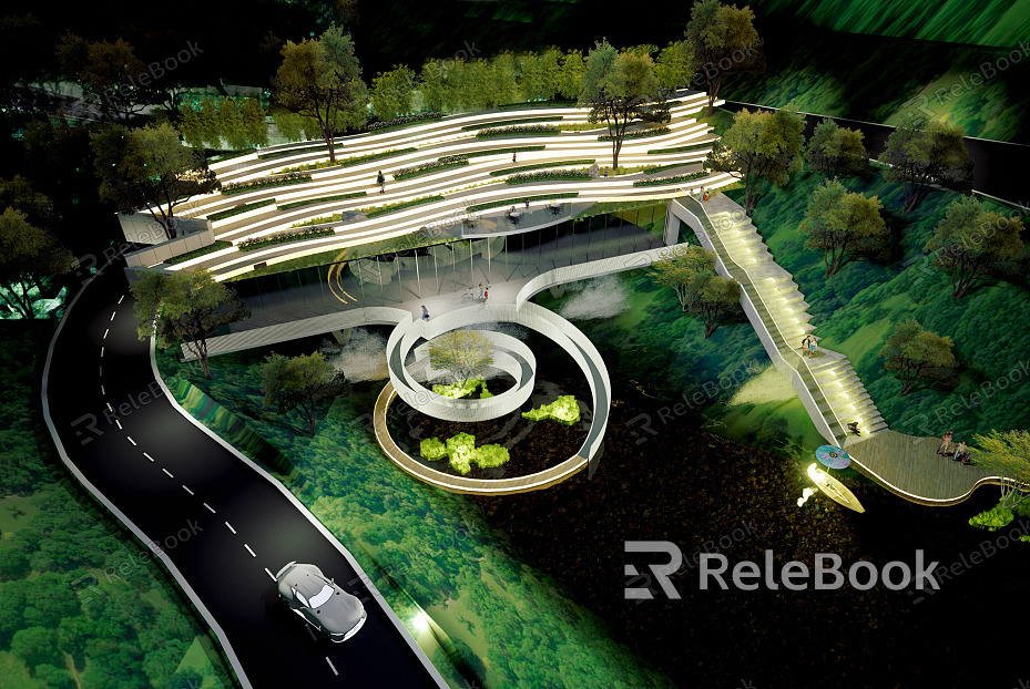 Modern Park Waterfront Steps Landscape Rotating Stairs Semi-open Building Waterfront Road Landscape Lights Micro-terrain Mountain Road Stairs Linear Lights model