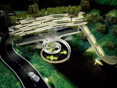 Waterfront Landscape With Winding Walkway Spiral Viewing Platform Lush Greenery And Illuminated Lighting 3d model