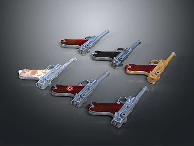 Various Stylish Pistols With Wooden Grips And Metal Bodies Design 3d model