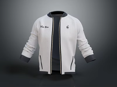 White Stand Collar Jacket With Black Trim Chest Logo And Mele Run Text 3d model