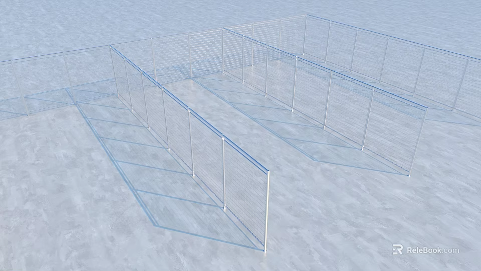 Neatly Arranged Transparent Grid like Metal Fence Structures on Light Colored Ground 3d model 