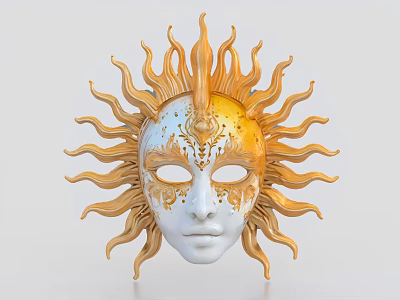 Ornate Sun Shaped Mask With Golden Radiating Rays And White Face 3d model