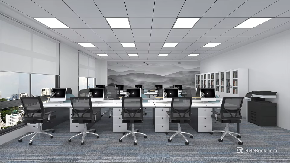 Modern Public Office Space With Desks Computers Ceiling Lights And Wall Decor 3d model