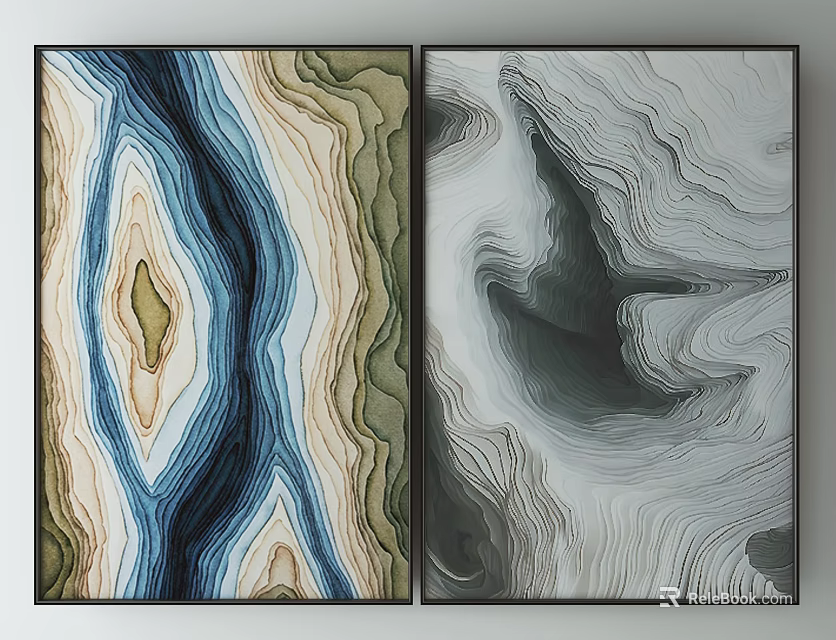 Abstract Paintings With Blue Beige Green And Black White Gray Wavy Textures In Frames 3d model 
