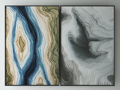 Abstract Paintings With Blue Beige Green And Black White Gray Wavy Textures In Frames 3d model