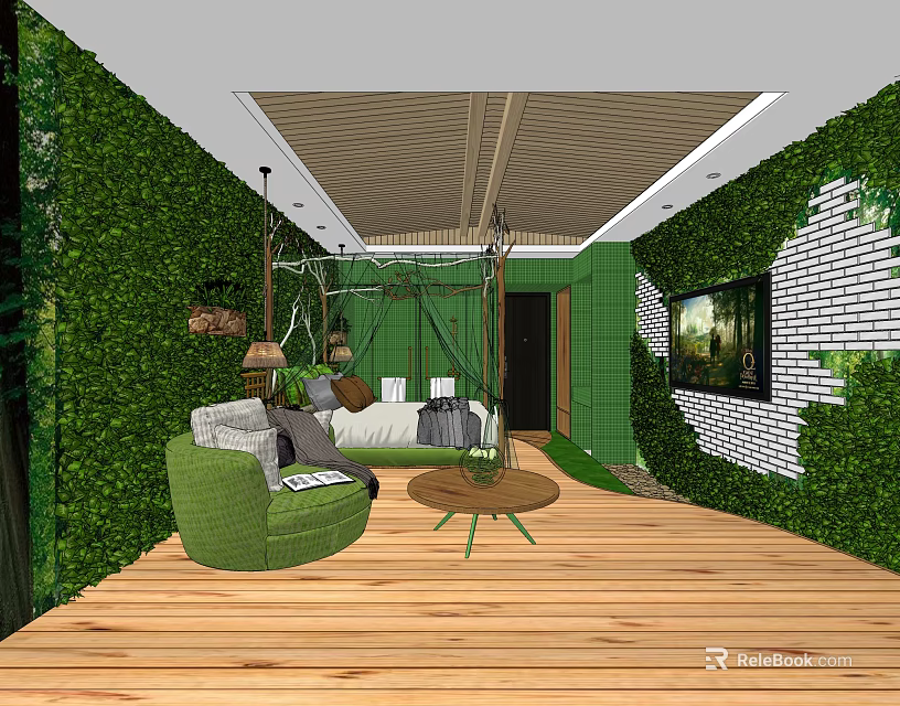 Hotel Guest Room With Green Plant Walls Wooden Flooring Hammock Bed And Round Coffee Table 3d model 