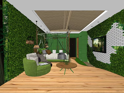 Hotel Guest Room With Green Plant Walls Wooden Flooring Hammock Bed And Round Coffee Table 3d model