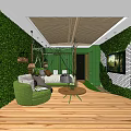 Hotel Guest Room With Green Plant Walls Wooden Flooring Hammock Bed And Round Coffee Table