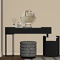 Modern Vanity Table With Round Mirror Textured Stool And Decorative Bottles 3d model