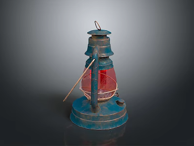 Vintage Blue Metal Lantern With Red Glass And Rustic Handle Design 3d model