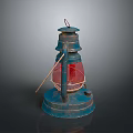 Vintage Blue Metal Lantern With Red Glass And Rustic Handle Design