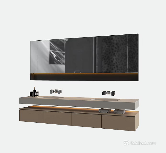 Modern Bathroom Vanity With Large Mirror LED Light Strip Sleek Countertop And Toiletries 3d model 