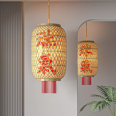 Traditional Chinese Decorative Lantern With Bamboo Lattice Design Red Characters And Red Tassels 3d model