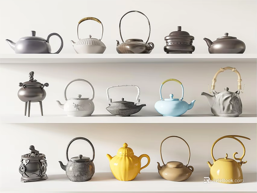Colorful Ceramic Tea Pots With Various Designs Displayed On White Shelf 3d model