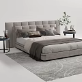 Modern Gray Fabric Double Bed With Upholstered Headboard Bedside Tables Pillows And Throw Blanket