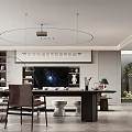 Modern Living and Dining Room Interior With Sofa Dining Table City View and Pendant Lights