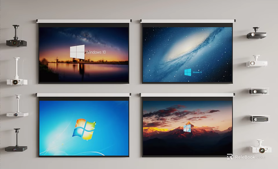 Four Projection Monitor Screens Showing Windows Desktop Scenic Wallpapers with High Resolution 3d model 