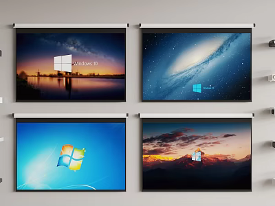 Four Projection Monitor Screens Showing Windows Desktop Scenic Wallpapers with High Resolution 3d model