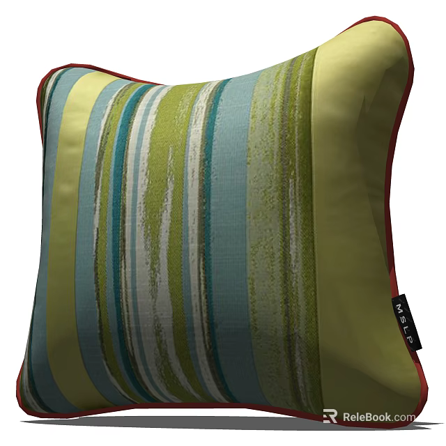 Colorful Striped Throw Pillow With Green Blue White Yellow Patterns And Red Trim 3d model 