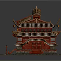 Cartoon Scenery of Traditional Chinese Building with Red Multi Layered Roofs Curved Eaves and Lanterns