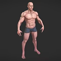 Muscular Bald Man 3D Model Standing in Blue Shorts and Bare Torso
