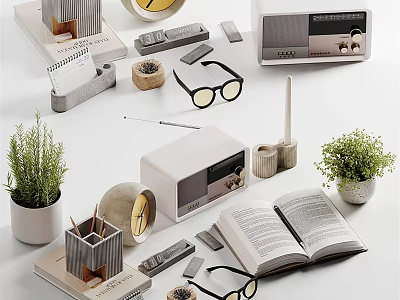 Stylish Modern Decorative Ornament Combination With Radio Book Glasses Potted Plants And Clock 3d model