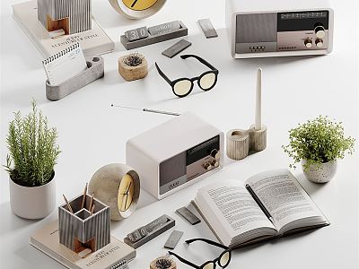 Modern Ornaments Combination Radio Alarm Clock Books Potted Plants Plant Glasses Office Supplies Study Ornaments 3d model