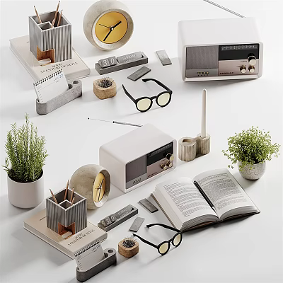 Stylish Modern Decorative Ornament Combination With Radio Book Glasses Potted Plants And Clock 3d model