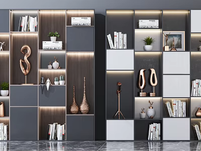 Modern Modular Bookcase With Gray And White Shelves Decorative Vases Sculptures Potted Plants And Books 3d model