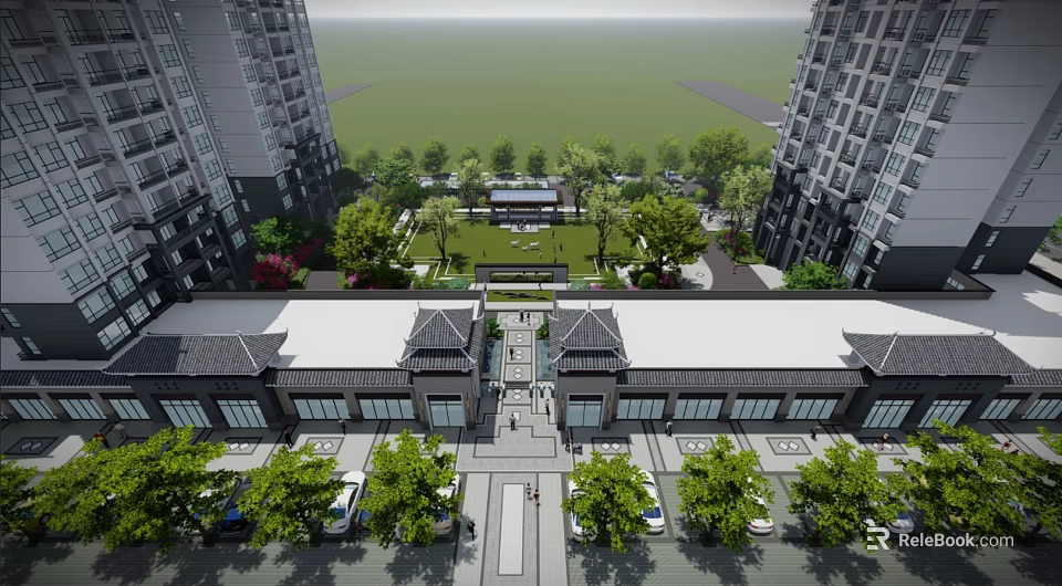 Residential Landscape With High Rise Buildings Green Space Trees And Walking Path 3d model 
