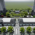 Residential Landscape With High Rise Buildings Green Space Trees And Walking Path