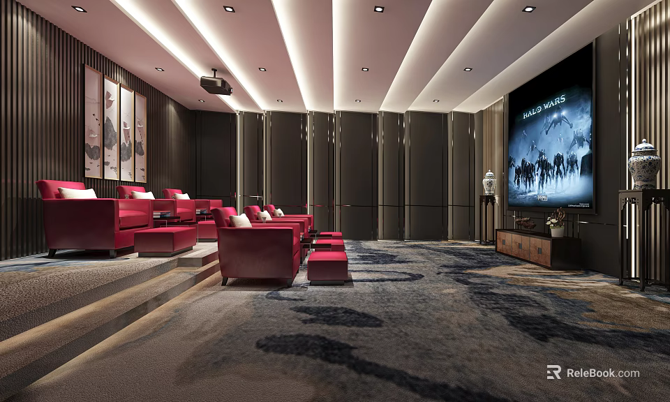Elegant Home Theater Interior With Red Sofas Large Screen Ceiling Lights And Decorative Rug 3d model