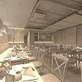 Modern Restaurant Interior With Wooden Tables Chairs And Ceiling Lighting Design