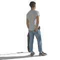 Man Standing in White Background with Gray T-Shirt Blue Jeans and Yellow Skateboard