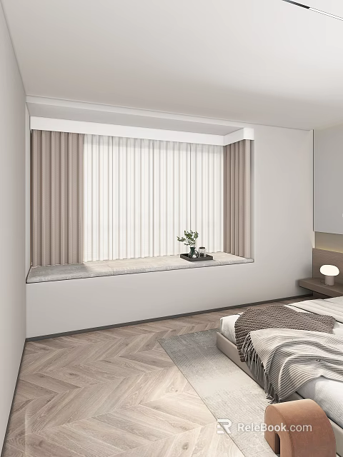 Cozy Bedroom Interior Featuring White Venetian Blinds Window Sill with Green Plant and Bedside Lamp 3d model 