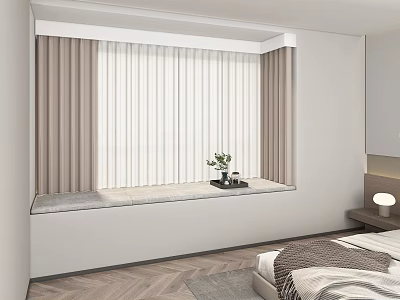 Cozy Bedroom Interior Featuring White Venetian Blinds Window Sill with Green Plant and Bedside Lamp 3d model