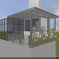 Modern Metal Pergola With Glass Panels Decorative Railings And Green Plants