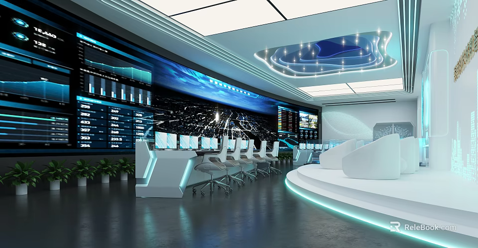 Modern Control Room With Large Display Screens Multiple Consoles And High Tech Equipment 3d model 