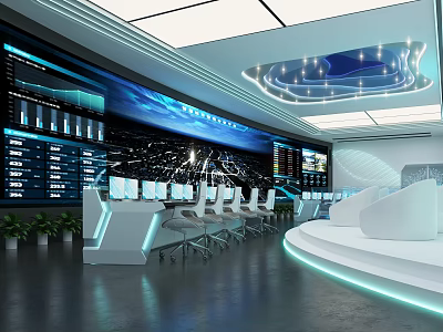 Modern Control Room With Large Display Screens Multiple Consoles And High Tech Equipment 3d model