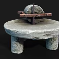 Rustic Garden Ornament Featuring Stone Mill With Wooden Handle And Pillar Base