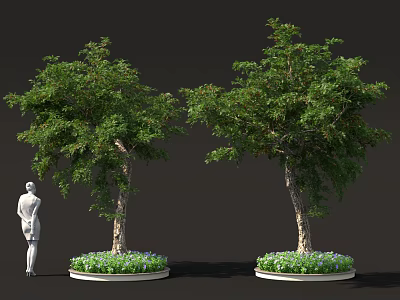 Lush Green Shrubs With White Statue Grass And Small Flowers On Dark Background 3d model