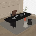 Modern Desk And Chair Set With Brown Chair White Black Stools Carpet Window And Plant