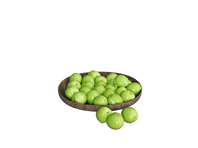 Green Fruits Filled in Wooden Plate with Some Scattered Around 3d model