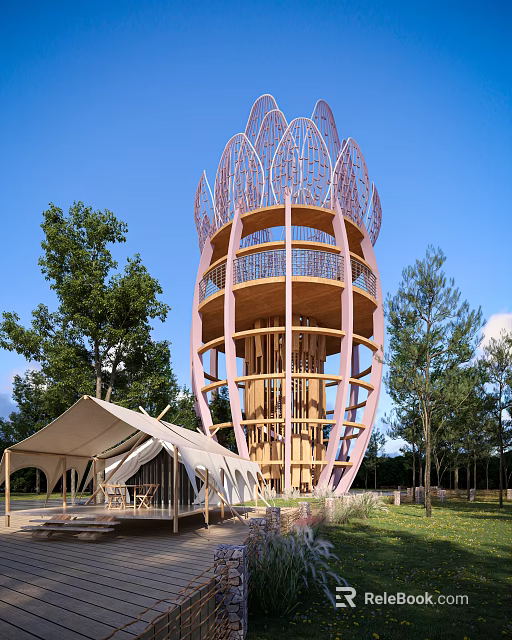 Garden Landscape With Wooden Observation Tower And Canvas Tent Surrounded By Trees 3d model 