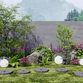 Vibrant Flowers And Lush Trees Surrounding Circular Stone Slabs On Green Grass Lawn