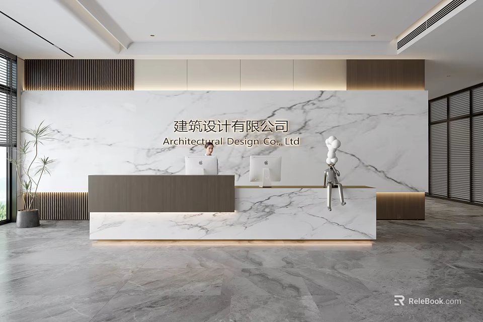 Modern Front Desk Reception Area For Architectural Design Firm With Marble Wall And Sculpture 3d model 