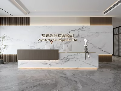 Modern Front Desk Reception Area For Architectural Design Firm With Marble Wall And Sculpture 3d model