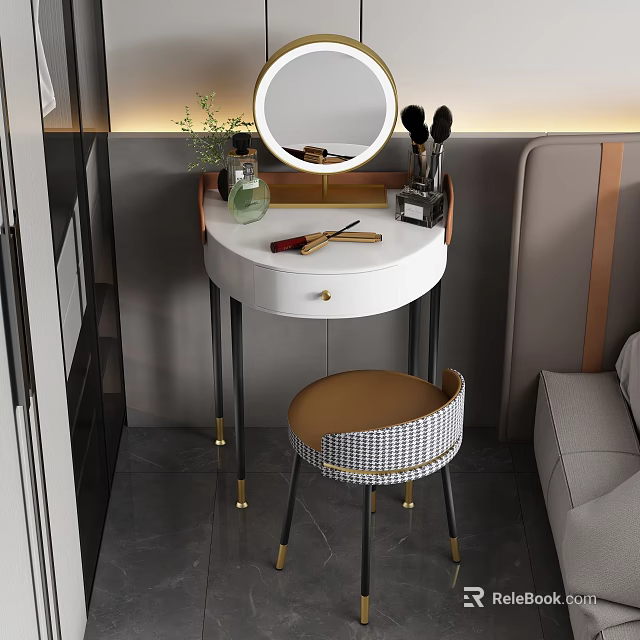 Modern Elegant Dressing Table With Round Mirror Makeup Brushes Green Plant And Gold Legs Stool 3d model 